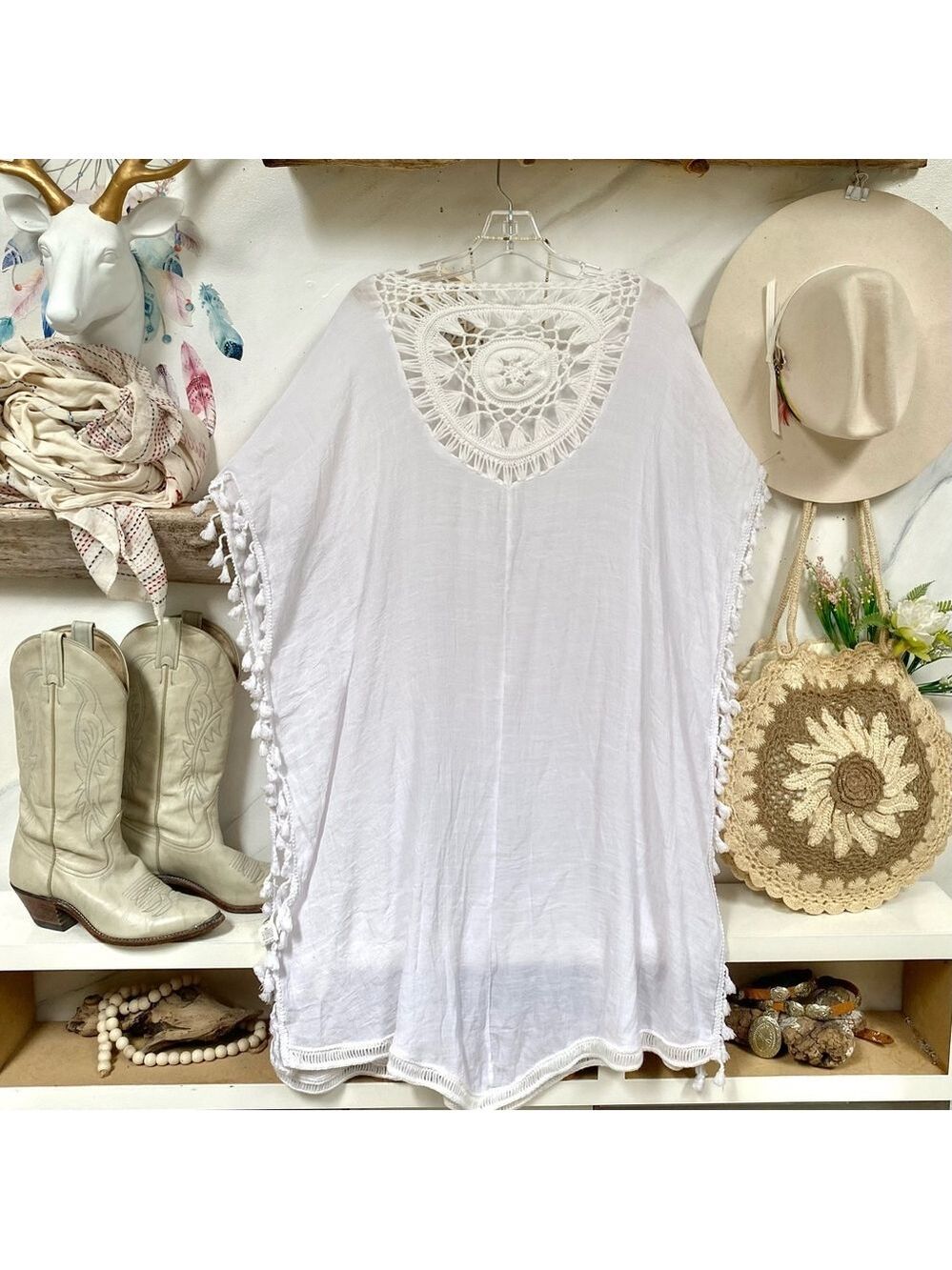 Macrame vibe boho caftan/poncho w fringe shabby chic resort vacay vibe